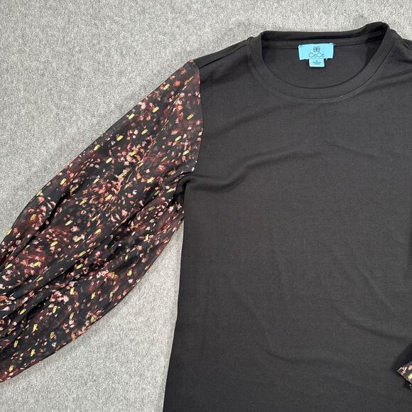 CeCe Sheer Printed Long-Sleeve Black Knit Top Women's Small Crew Neck Metallic - Picture 2 of 8